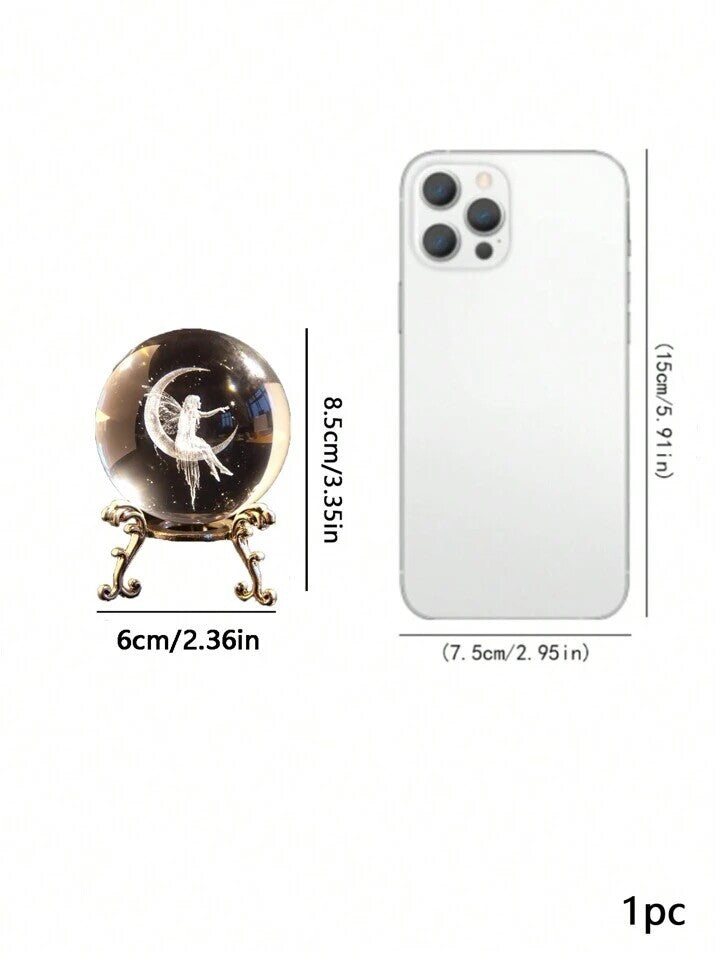 Fairy Crystal Ball Glass Ornament Crescent Moon Decor Gift with Metal Stand