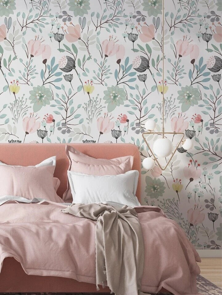 Floral Wallpaper Pastel Pink Green Botanical Modern Chic Wall Decor Roll