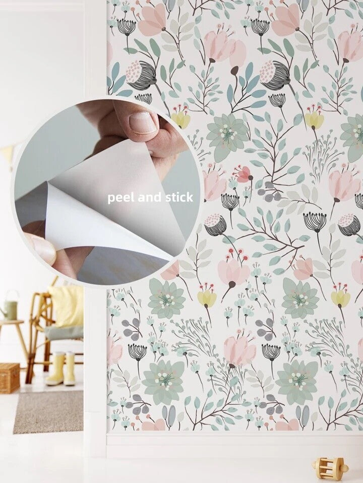 Floral Wallpaper Pastel Pink Green Botanical Modern Chic Wall Decor Roll