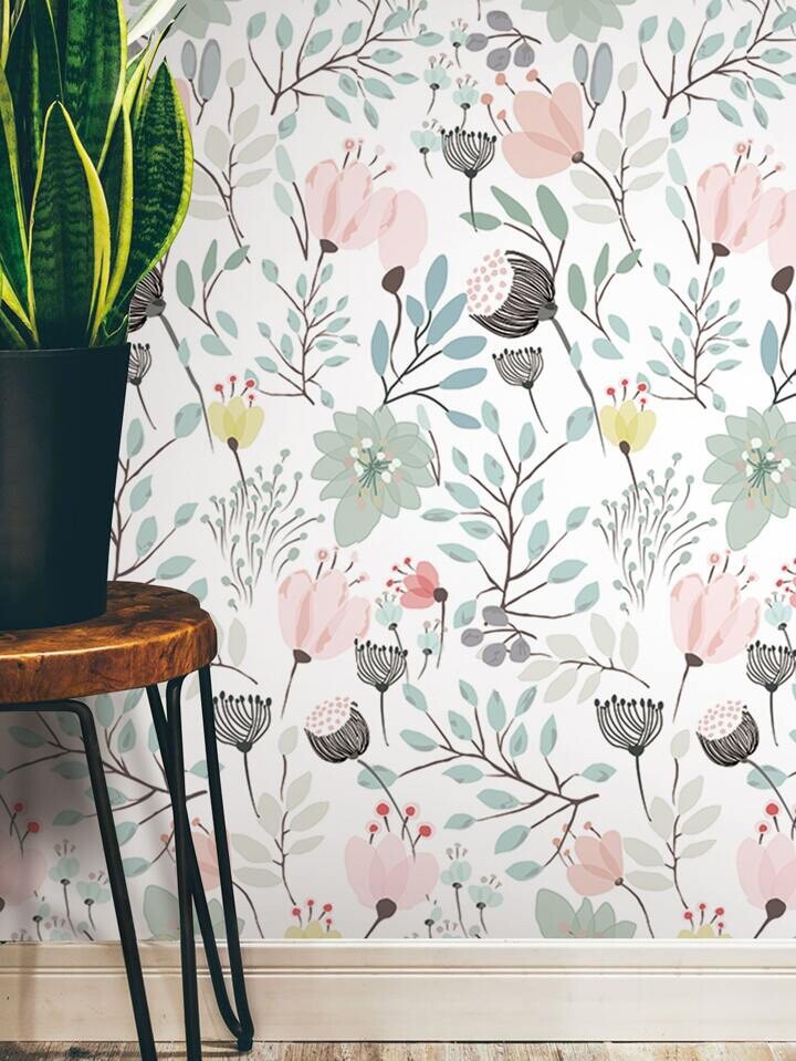 Floral Wallpaper Pastel Pink Green Botanical Modern Chic Wall Decor Roll