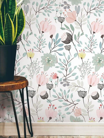 Floral Wallpaper Pastel Pink Green Botanical Modern Chic Wall Decor Roll