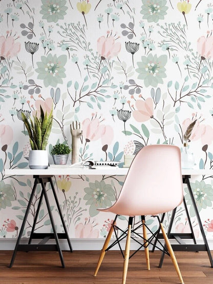 Floral Wallpaper Pastel Pink Green Botanical Modern Chic Wall Decor Roll