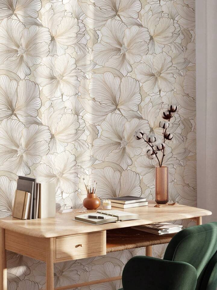 Beige Floral Wallpaper Roll Self Adhesive Minimalist Peel & Stick Wall Decor