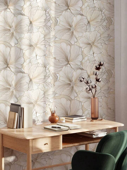 Beige Floral Wallpaper Roll Self Adhesive Minimalist Peel & Stick Wall Decor
