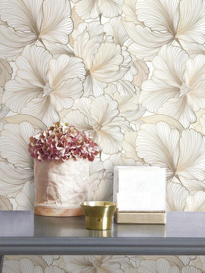 Beige Floral Wallpaper Roll Self Adhesive Minimalist Peel & Stick Wall Decor