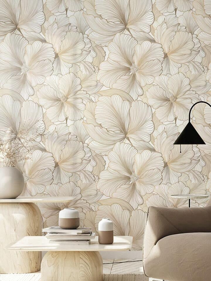 Beige Floral Wallpaper Roll Self Adhesive Minimalist Peel & Stick Wall Decor