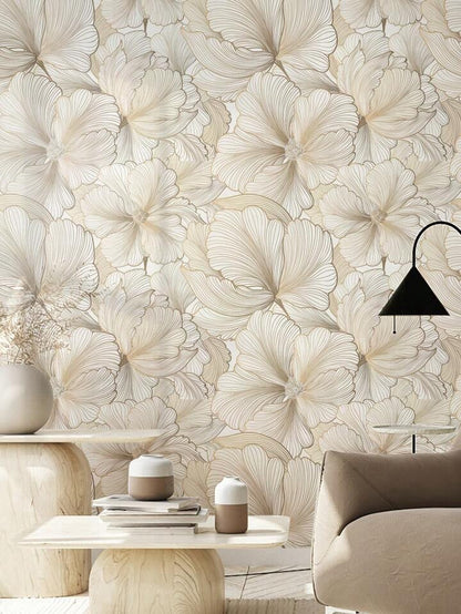 Beige Floral Wallpaper Roll Self Adhesive Minimalist Peel & Stick Wall Decor