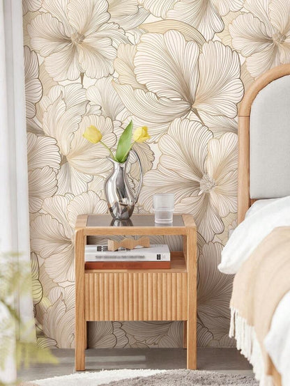 Beige Floral Wallpaper Roll Self Adhesive Minimalist Peel & Stick Wall Decor