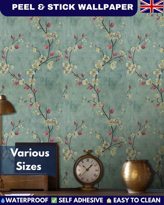 Cherry Blossom Wallpaper Roll Teal Peel Stick Vintage Floral Self Adhesive Decor