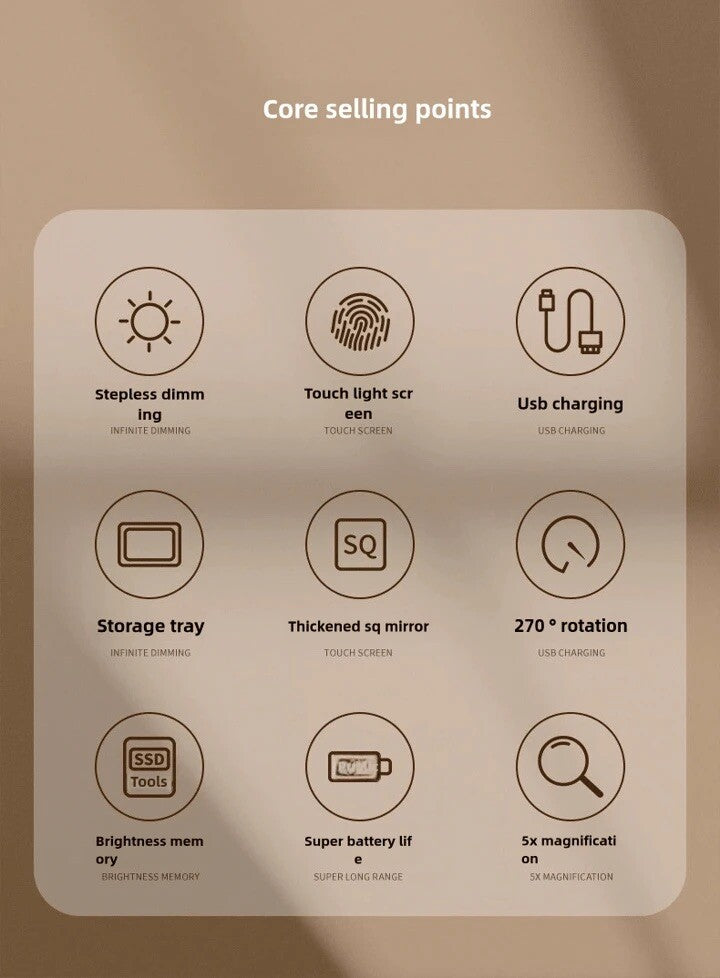 LED Makeup Mirror Touch Control Dimmable Light USB Rechargeable Vanity Tabletop