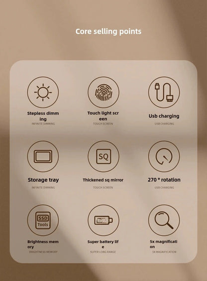 LED Makeup Mirror Touch Control Dimmable Light USB Rechargeable Vanity Tabletop