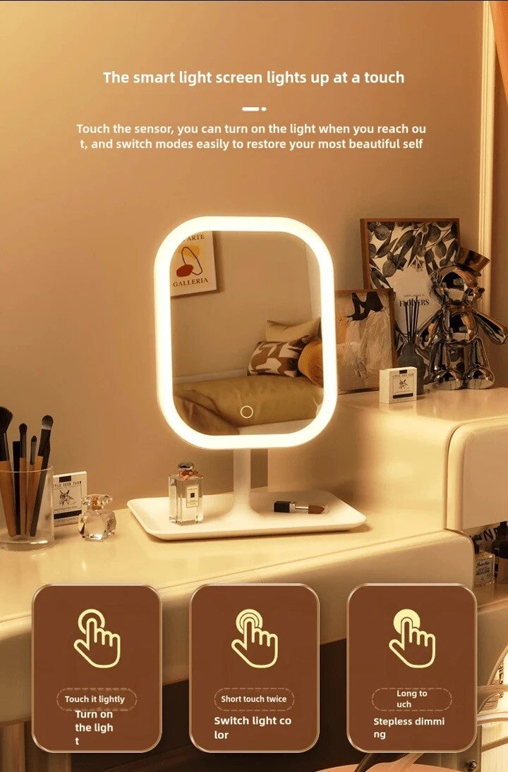 LED Makeup Mirror Touch Control Dimmable Light USB Rechargeable Vanity Tabletop