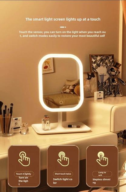 LED Makeup Mirror Touch Control Dimmable Light USB Rechargeable Vanity Tabletop