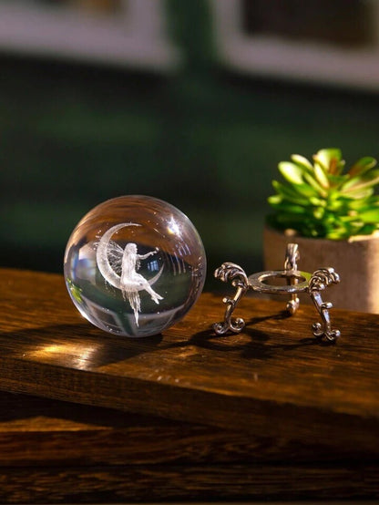 Fairy Crystal Ball Glass Ornament Crescent Moon Decor Gift with Metal Stand
