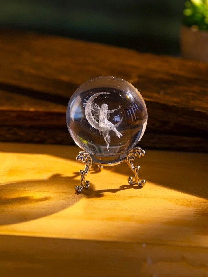 Fairy Crystal Ball Glass Ornament Crescent Moon Decor Gift with Metal Stand