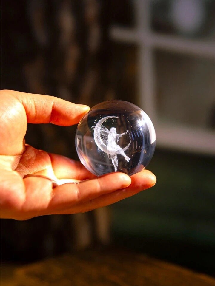 Fairy Crystal Ball Glass Ornament Crescent Moon Decor Gift with Metal Stand