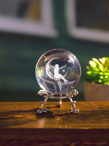 Fairy Crystal Ball Glass Ornament Crescent Moon Decor Gift with Metal Stand