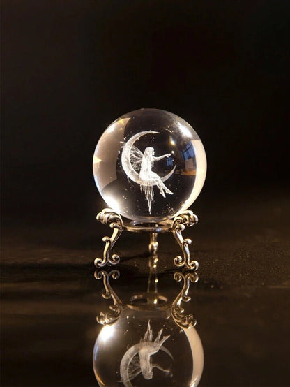 Fairy Crystal Ball Glass Ornament Crescent Moon Decor Gift with Metal Stand