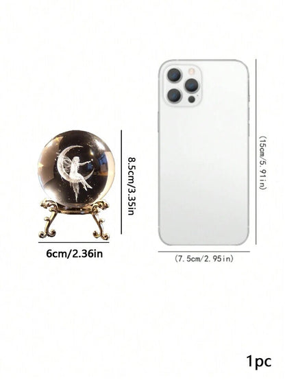 Fairy Crystal Ball Glass Ornament Crescent Moon Decor Gift with Metal Stand