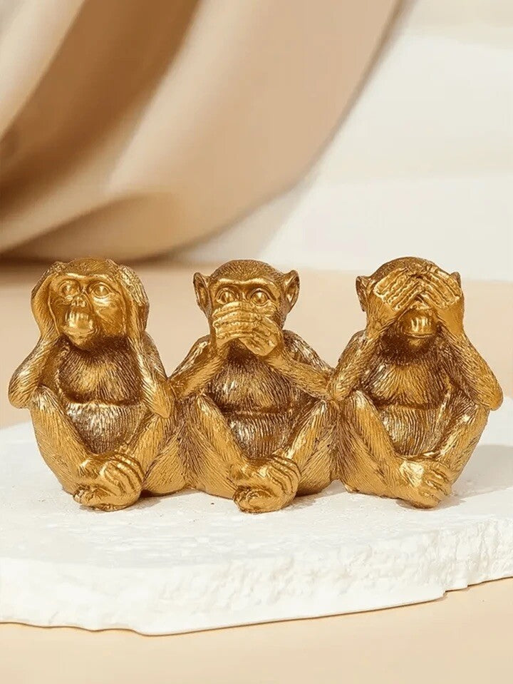 Gold Three Wise Monkeys Figurine Resin See Hear Speak No Evil Home Decor