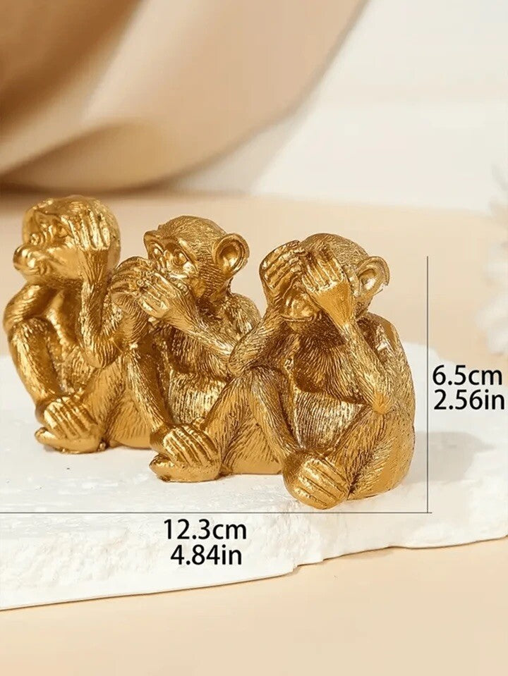 Gold Three Wise Monkeys Figurine Resin See Hear Speak No Evil Home Decor