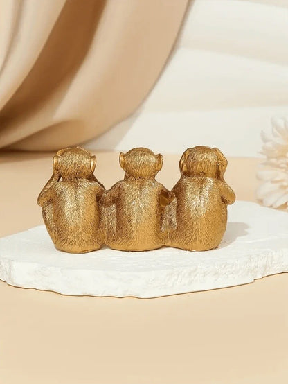 Gold Three Wise Monkeys Figurine Resin See Hear Speak No Evil Home Decor