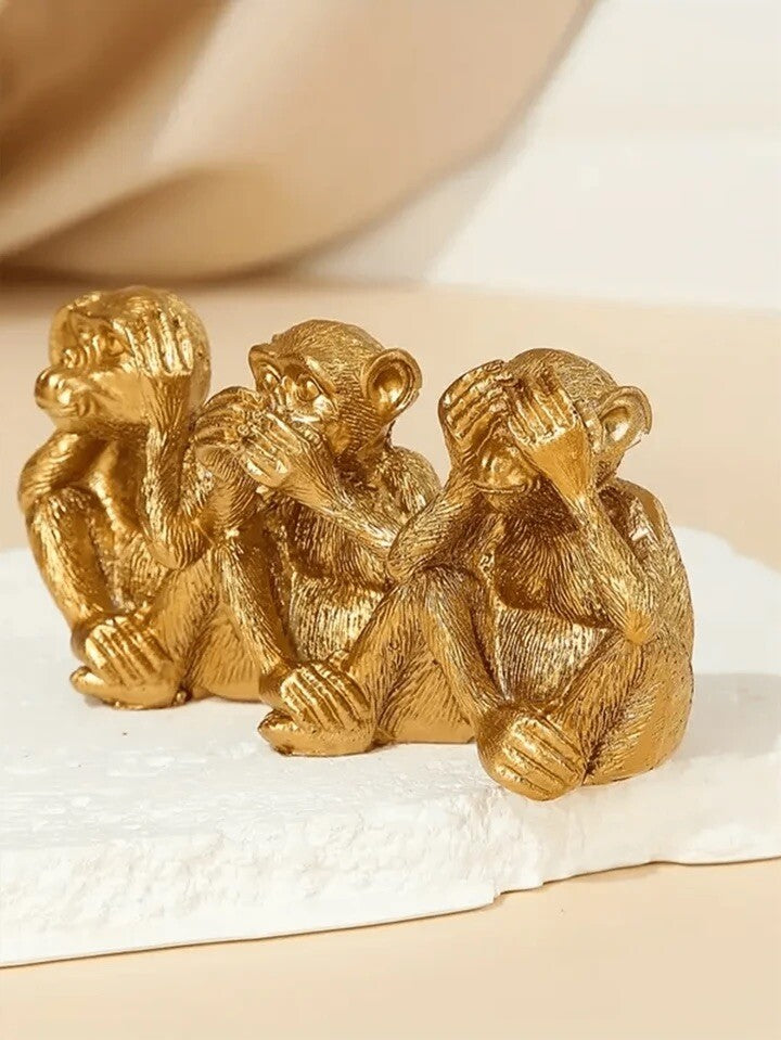 Gold Three Wise Monkeys Figurine Resin See Hear Speak No Evil Home Decor