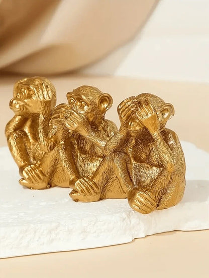 Gold Three Wise Monkeys Figurine Resin See Hear Speak No Evil Home Decor