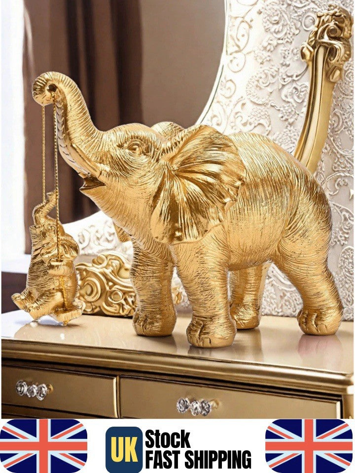 Gold Elephant Ornament with Baby Sculpture Lucky Feng Shui Home Decor Statue