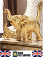 Gold Elephant Ornament with Baby Sculpture Lucky Feng Shui Home Decor Statue