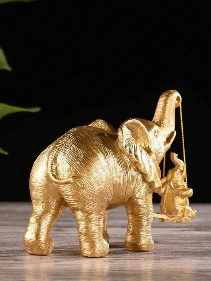 Gold Elephant Ornament with Baby Sculpture Lucky Feng Shui Home Decor Statue