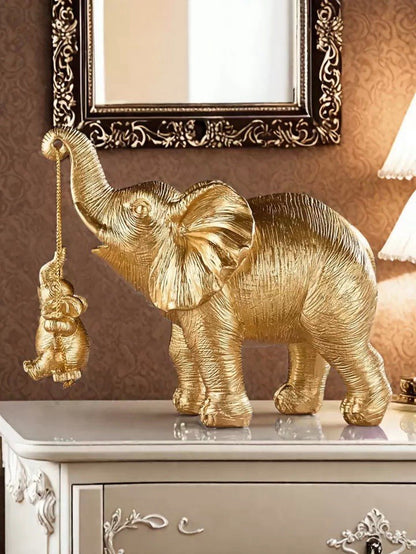 Gold Elephant Ornament with Baby Sculpture Lucky Feng Shui Home Decor Statue