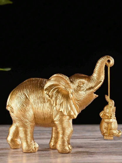Gold Elephant Ornament with Baby Sculpture Lucky Feng Shui Home Decor Statue