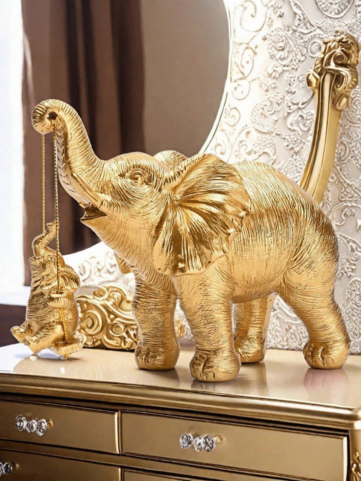 Gold Elephant Ornament with Baby Sculpture Lucky Feng Shui Home Decor Statue