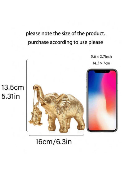 Gold Elephant Ornament with Baby Sculpture Lucky Feng Shui Home Decor Statue