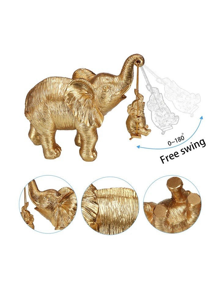 Gold Elephant Ornament with Baby Sculpture Lucky Feng Shui Home Decor Statue