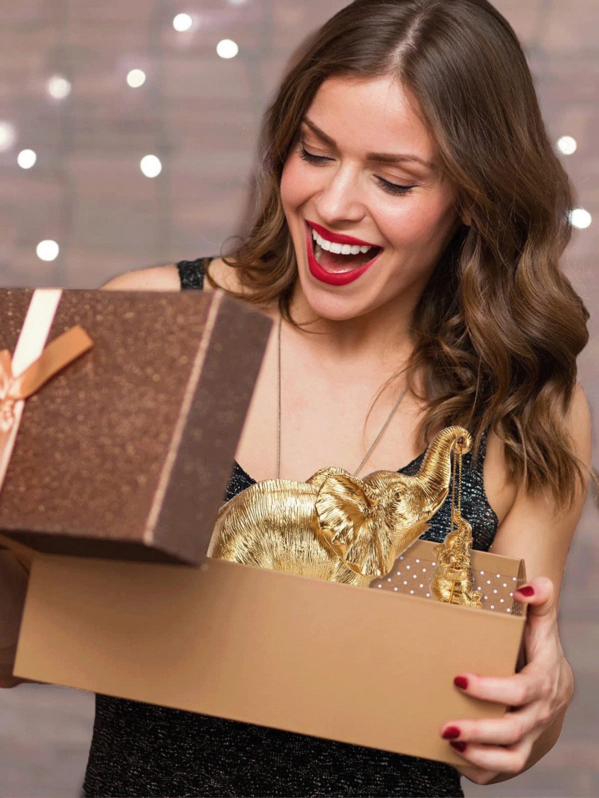 Gold Elephant Ornament with Baby Sculpture Lucky Feng Shui Home Decor Statue