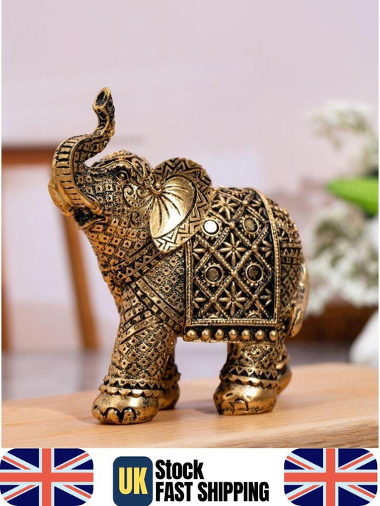 Gold Elephant Statue Ornate Feng Shui Figurine Lucky Home Decor Prosperity Gift