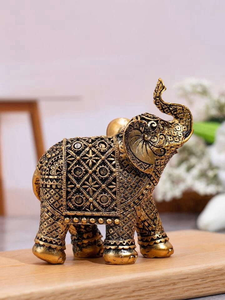 Gold Elephant Statue Ornate Feng Shui Figurine Lucky Home Decor Prosperity Gift