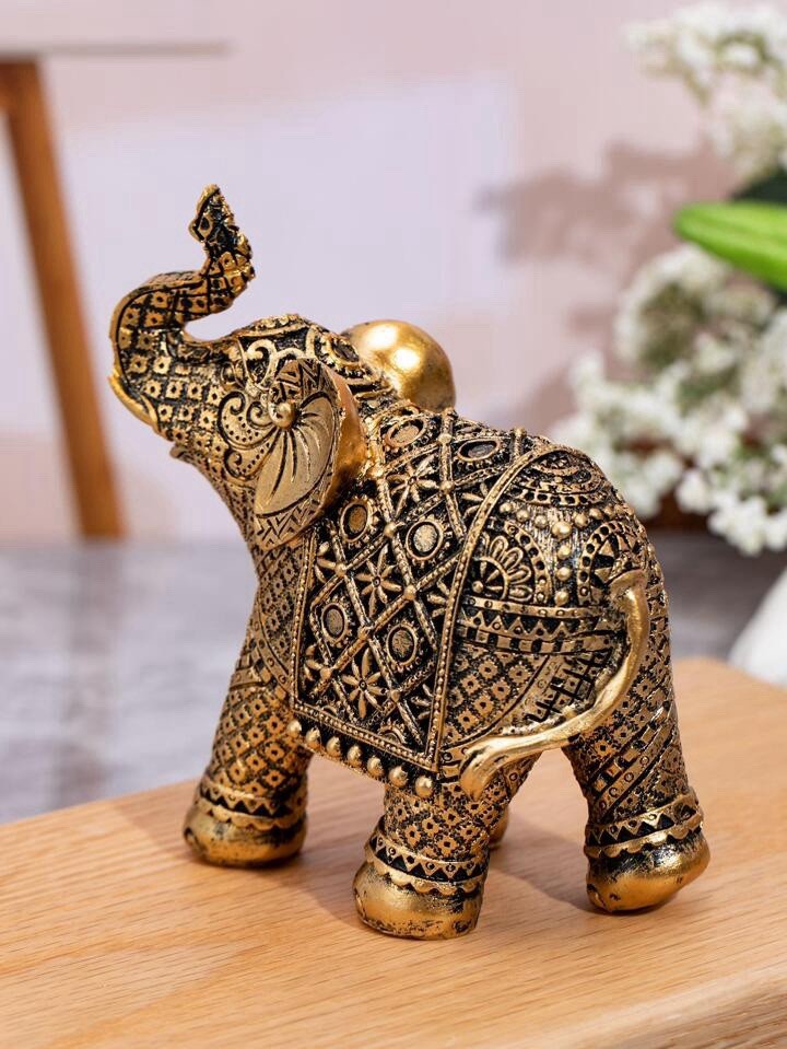 Gold Elephant Statue Ornate Feng Shui Figurine Lucky Home Decor Prosperity Gift