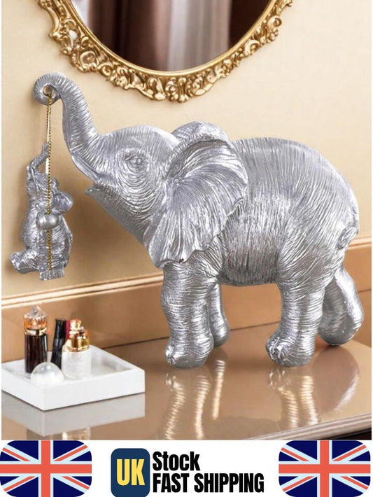 Silver Elephant Ornament with Hanging Baby Figurine Home Decor Sculpture