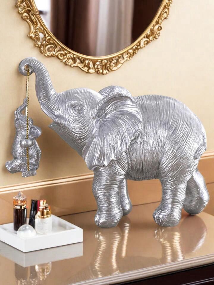Silver Elephant Ornament with Hanging Baby Figurine Home Decor Sculpture
